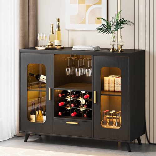 Bar Cabinet with Power Outlets, Modern Coffee Bar Sideboard with LED Light, Farmhouse Liquor Cabinet with Wine Rack, Glass Holder & Wine Storage, Black