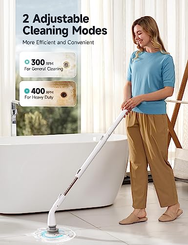 Image of HiCOZY Electric Spin Scrubber HS1, Cordless Shower Scrubber for Cleaning with 4 Replaceable Brush Heads Adjustable Extension Handle, IPX7 Waterproof Cleaning Brush for Bathroom Floor White
