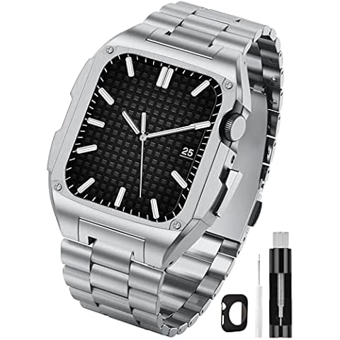 V-MORO Compatible with Apple Watch Bands Series 6/5/4/SE (44mm), Heavy Duty Stainless Steel Metal Strap with Case Men Business Metal Protective Bumper Cover for iWatch Band(44mm,Silver) Cover