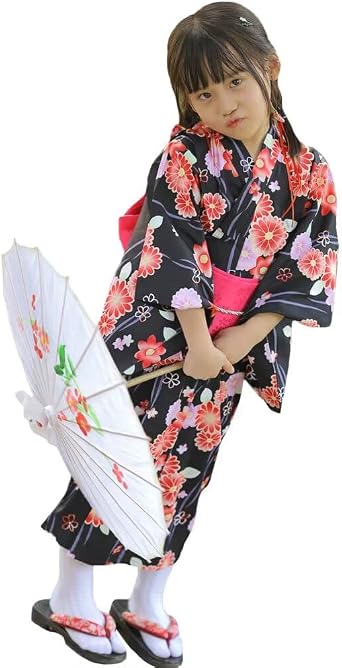 Yukata Jinbei Kids Girls 100% Cotton 3-Piece Set Cute Breathable Kimono with obi Japanese Style clothes Festival 95-120