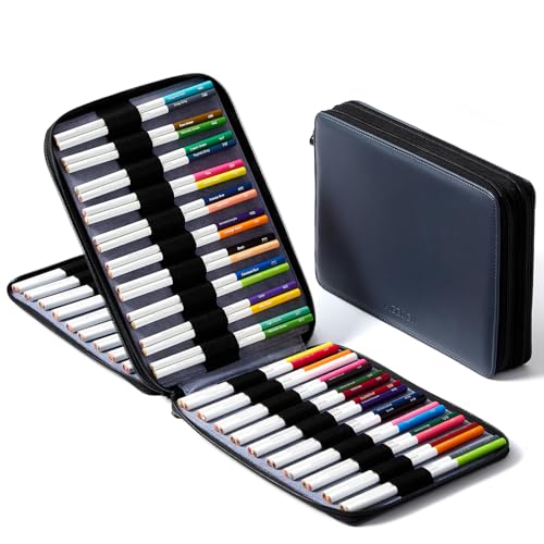 MEEDEN Pencil Marker Organizer Case: Premium PU Leather Zipper Pouch Lined with Silky Velvet - Large Capacity Pen Bag Supplies for Men & Artists Slate Gray