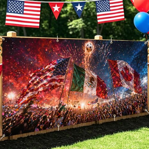 Image of Soccer Fans Garage Door Cover 157x70 Inch Large USA Mexico Canada Flag Fireworks Banner Backdrop for 2026 Sports Party Tailgate Game Day Outdoor Wall Hanging Tapestry Decor