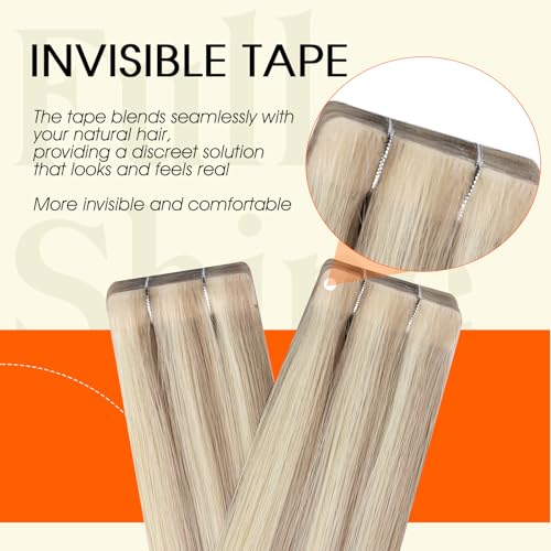 Image of Full Shine Blonde Injected Tape Extensions Human Hair Color 18 Ash Blonde Highlight 613 Blonde Remy Tape in Hair Extensions Invisible Adhesive Skin Weft for Natural Look 14Inch 40G 20Pcs