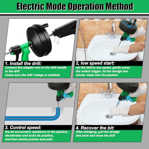 Image of 50 Ft Drain Snake, Fast Unclog Snake, 1 /4 Inch, Green | Manual & Electric Plumbing Snaker for Shower Sink, Toilet and Kitchen, Drain Auger 50 ft Comes with Gloves and Bag