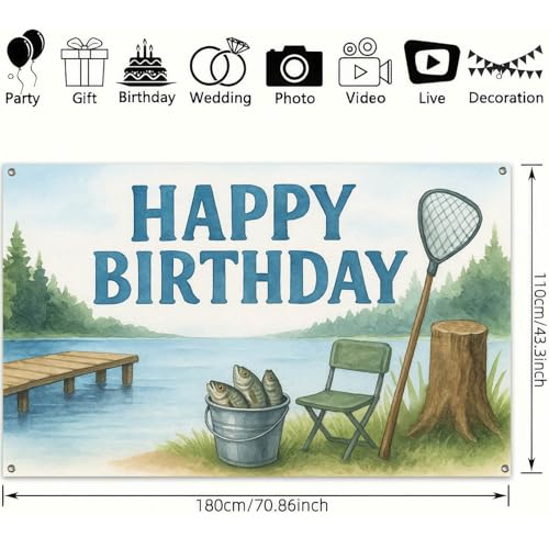 Image of HOMETITUTE Fishing Happy Birthday Banner 71x43 Inch Outdoor Theme