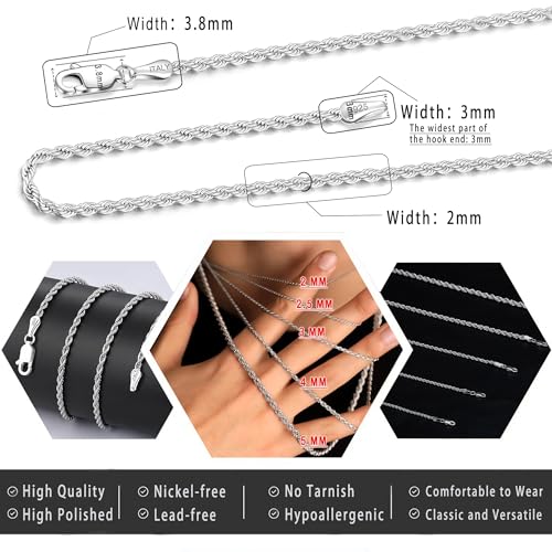 925 Sterling Silver Clasp Rope Chain 2/2.5/3/4/5mm Necklace for Men Silver Link Chain for Women 16-30 Inches3