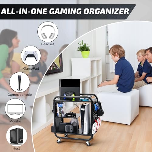 PLKOW Video Game Organizer, Rolling Video Game Storage Rack for Xbox/Switch/PS4/PS5 Accessories, Game Consoles Stand Controllers Holder, Perfect Holiday Present (Black) - Image 6