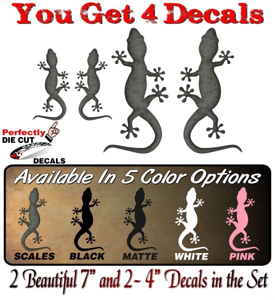 Image of 4 Gecko Climbing Vinyl 4 inch and 7 inch Decal Set Reptile Lizard Cute Car Decals Pet Terrarium Accessories Stickers (4 Rustic Scales Decal Set)