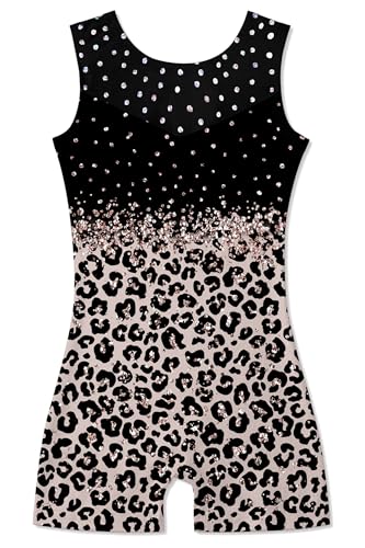 uideazone Gymnastics Leotards for Girls Size 9 10 Quick Dry Cheetah Ballet Unitards Kids Shiny Mesh Stitching‌ Stretchy Biketards