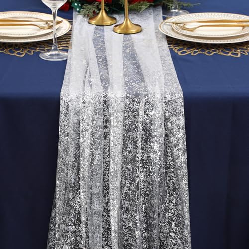 Newwiee 3 Pcs 120 Inch White Silver Gauze Table Runner Thick Christmas Glitter Metallic Foil Sheer Chiffon Tulle Party Table Decor Centerpiece for Wedding Xmas Birthday Baby Shower