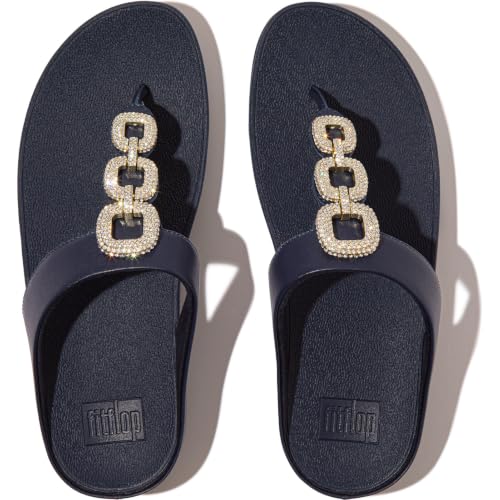 Image of FitFlop Women's Fino Classic Crystal-Chain Leather Toe-Post Sandals | Leather, Cushioning, Rhinestones, Casual, Slip-On