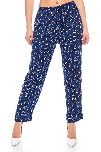 Crazy Age Damen Hosen Lang Bedruckt Sommerhose Yogahose Stil mit Elastischen Bund Freizeithose Einkaufshose Blumenhose Blümchen (Blau-Blau(21), XL)