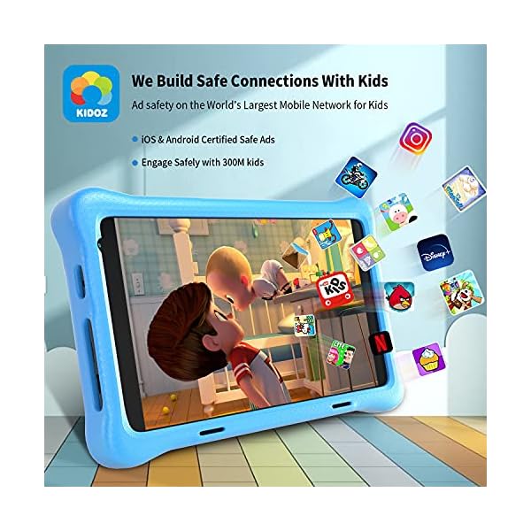 HAPPYBE 8 inch Kids Tablet, 8" Display, 1080p Full HD, Quad Core Android 10, 32GB, Parental Control, Kidoz Installed, WiFi, Dual Camera Google Play, YouTube, Children’s Tablets, Kid-Proof Case (Blue)