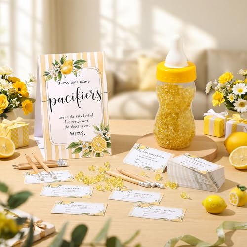 Image of Roowest 512 Pcs Baby Shower Games Guess How Many Pacifiers Sign 100 Small Guessing Games 10 HB Pencils 750ml Milk Bottle 400 Acrylic Pacifiers Decoration for Guest Gender Reveal(Yellow,Lemon)