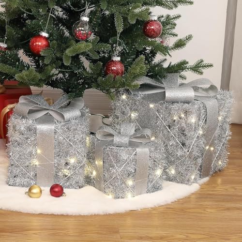 GAOMON Christmas Lighted Gift Boxes Set of 3, Battery Operated Light Up Present Box, Xmas Under Tree Decor, Different Sizes Pre-Lit Gift Boxes with Bowknot for Outdoor Indoor Christmas Decor, Silver