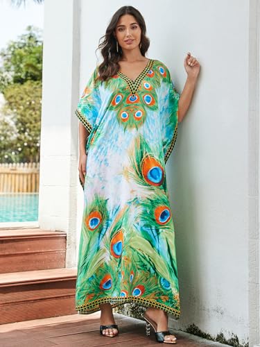 Image of IMAGEKOPE Women's Plus Size Loose Fit Moroccan Print V-Neck Batwing Kaftan Beach Dress Bathing Suit Cover Up