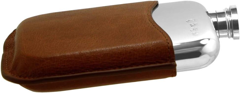 English Pewter Company 6oz Pewter Liquor Hip Flask with Luxury Brown Leather Pouch [PLF01]