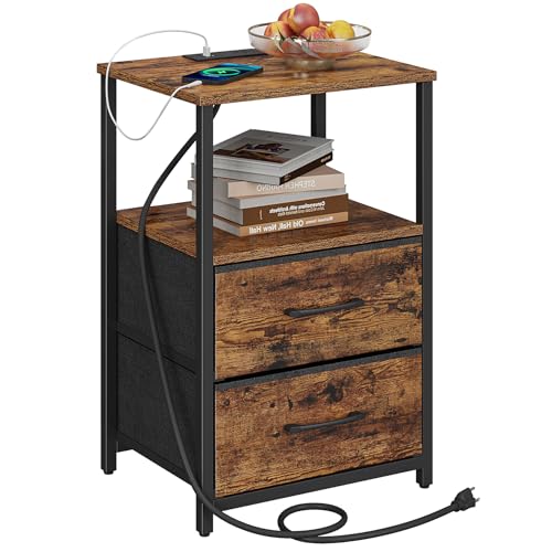 TUTOTAK End Table with Charging Station, Night Stand, Side Table with 2 USB Ports and Outlets, Nightstand with Cloth Drawer, Bedside Table for Livingroom, Bedroom Brown TB01BB088