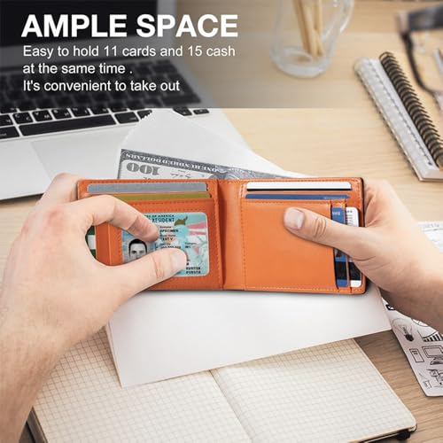 Men wallet faux leather portable card clip Ultra-thin bifold short wallet RFID anti-theft brush Black orange wallet for men4