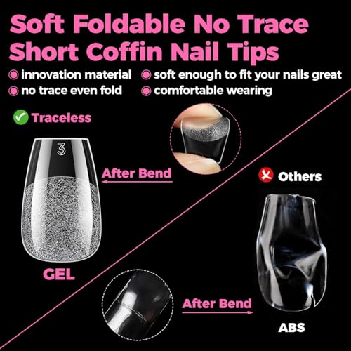 Image of UNA GELLA Short Coffin Gel Nail Tips, 15 Sizes Short Coffin Press On Nails Full Cover Pre-Etched 300pcs Clear Acrylic False Nail Tips For Nails Extension Home DIY Salon