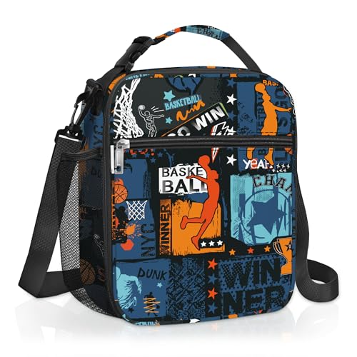 Clastyle Sac Isotherme Repas Enfant Noir Rue Basket-ball, Petit Sac Lunch Box Portable mit Porte-Bouteille, Sac Dejeuner Garçons pour L'école mit Bandouliere