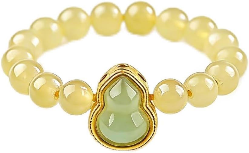 ANNIE WU Natural Yellow Jade Beaded Ring with Jade Gourd Pendant, Gold-Plated Chalcedony Ring for Women, Traditional Lucky & Prosperity Jewelry, Gift Box Included