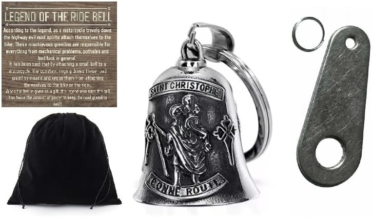 THE RIDE BELL St. Christopher Guardian Angel w/FREE HANGER Biker Good Luck Motorcycle Charm Original Keychain