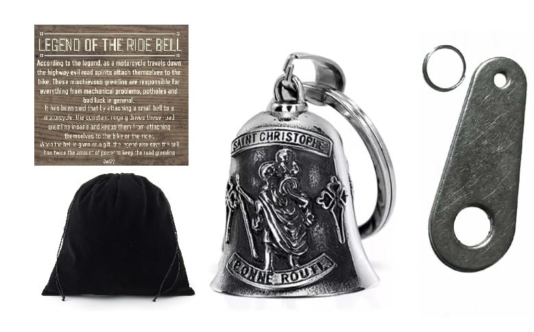 THE RIDE BELL St. Christopher Guardian Angel w/FREE HANGER Biker Good Luck Motorcycle Charm Original Keychain