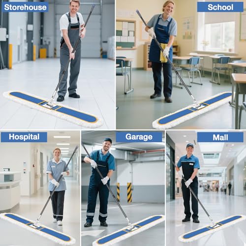 Image of CLDREAM 48 inch Large Commercial Industrial Dust Mop for Floor Cleaning | 2 Washable Cotton Mops Pads /Wet Dry Floor Duster Broom for Hardwood Floors Marble Laminate Tile Concrete Garage /Blue