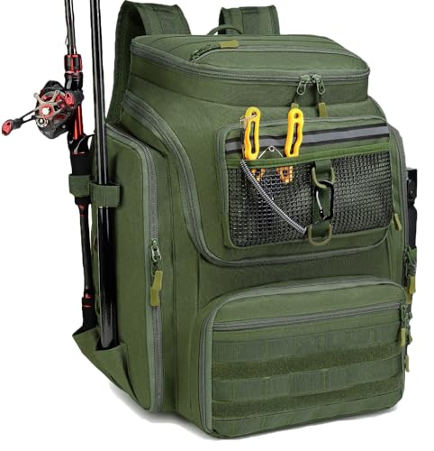 BlesMaller Sac à Dos de Pêche avec Porte-Canne 45L Large Résistant à l'eau Sac de Rangement pour Accessoires de Pêche pour la Randonnée, Camping, Trekking, Sport de Plein Air (Vert - sans Boîte)