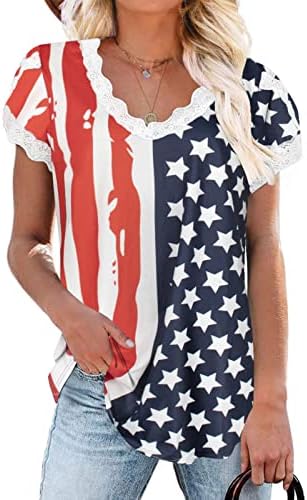 SENFURE Women Summer V Neck Short Petal Sleeve Lace Trim American Flag Graphic USA Patriotic Tunic Top, Flag G, Large