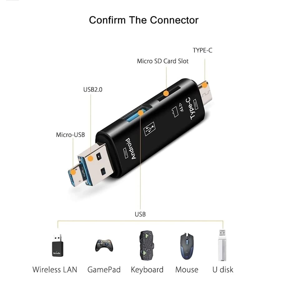 Wielofunkcyjny czytnik kart 5 w 1, kompatybilny z Motorola Moto Z Droid Edition, do tworzenia kopii zapasowych, USB typu C, MicroUSB/Tf/USB 2.0/SD (czarny)