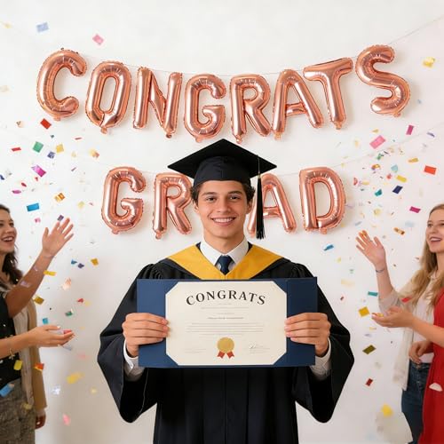 Image of Congrats Grad Balloon Banner, Congratulations Balloons for Graduation Party Decorations 2026, Rose Gold