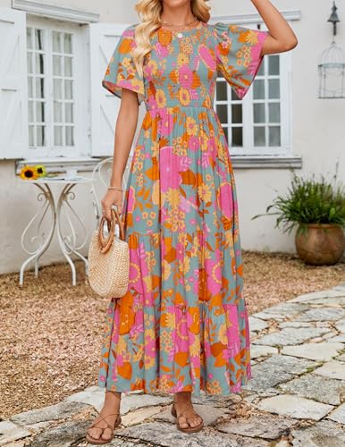 Image of ZESICA Women's 2026 Summer Boho Floral Maxi Dresses Casual Short Flutter Sleeve Smocked Tiered Flowy Dress