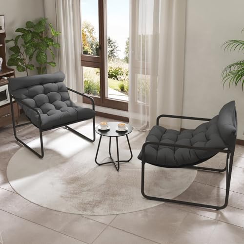 Amopatio Conjunto de Muebles de Jardín 3 Piezas: 2 Sillas con Cojines y Mesa de Café. Mobiliario Exterior de Metal, Resistente al Agua, Ideal para Balcón, Jardín o Piscina, Negro y Gris