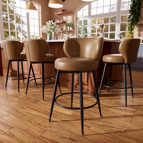 Sucrever Bar Stools Set of 4, 26' Counter Height Swivel Leather Bar Stools, Upholstered Barstools with Back & Footrest Metal Legs, Stools for Kitchen Island, Home Bar, Dining Room Brown