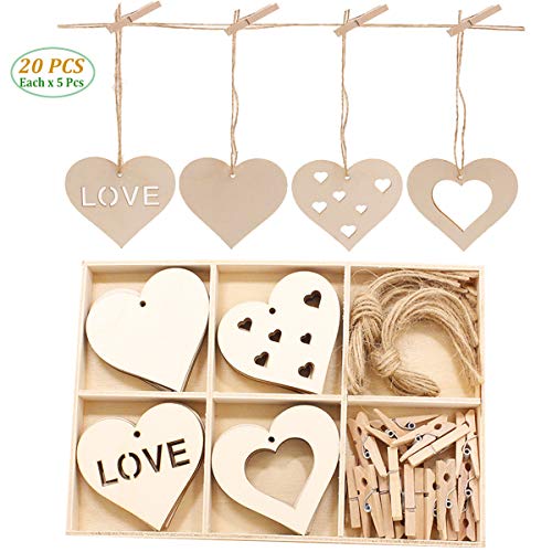 SEEHAN Lot de 20 curs en Bois Brut à Suspendre avec boîte de Rangement en Bois pour Cadeau de Saint-Valentin, Cadeau d'anniversaire