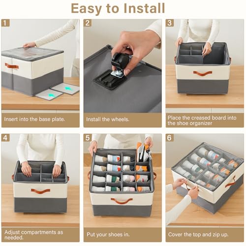 Image of INSTY 2 Pack Shoe Organizer for Closet,Shoe Storage Organizer with Wheels, Fits up to 32 Pairs,Adjustable Dividers,Fabric Shoe Storage Bins with Clear Cover,Beige and Grey