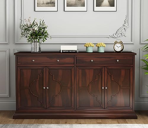 Image of Solid Sheesham Wood Sideboard Cabinet with 2 Drawer & 4 Shelves - Chest of Drawers Wooden Drawer Storage Cabinet for Bedroom Living Room Storage Furniture Decor (Owen)