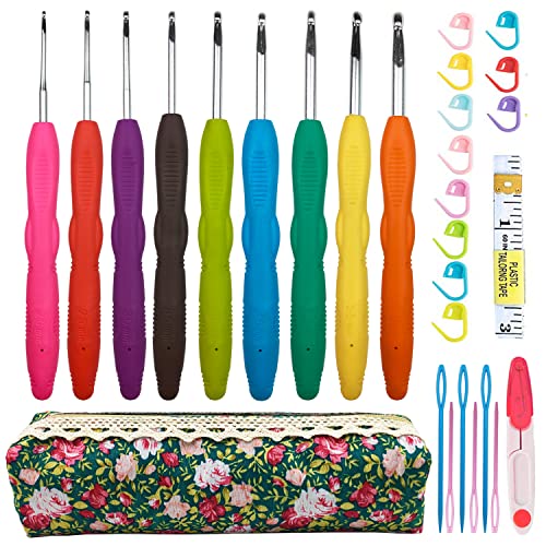 Crochet Hooks Set with Case Crochet Hooks Needles for Arthritic Hands Ergonomic Soft Grip Handles Extra Long Crochet Hooks Needles for Crocheting Yarn,US Size B(2MM)-J(6MM)