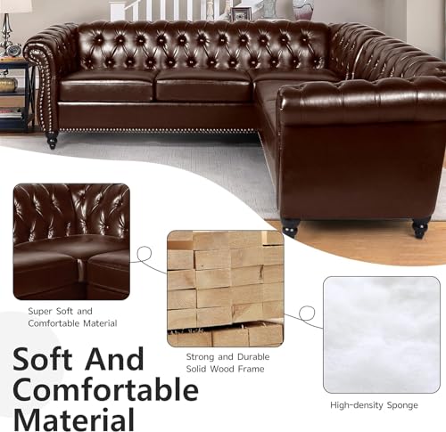 Image of QHITTY Sectional L-Shaped Sofa, Chesterfield Faux Leather Couch 5 Seater Upholstered Small Accent Tufted Sofa with Nailhead Design and Rolled Armrest for Living Room, Apartment, Office (Dark Brown)