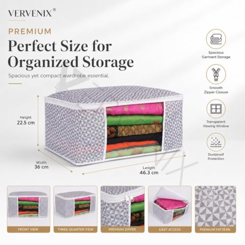Image of VERVENIX Saree Cover Pack of 6,Large Size, Grey Dot Pattern Garment Storage Bags with Zipper & Transparent Window, Dustproof Clothes Cover for Suits, Dresses, Coats & Shirts,46.3 x 36 x 22.5 CM