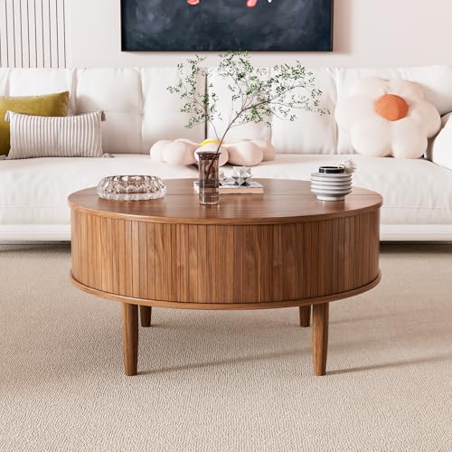 Image of Round Fluted Lift Top Coffee Table with Storage, Mid Century Modern Coffee Table for Living Room, Home Small Space,31.5 inch Fluted Center Table (Walnut, 31.5inch)