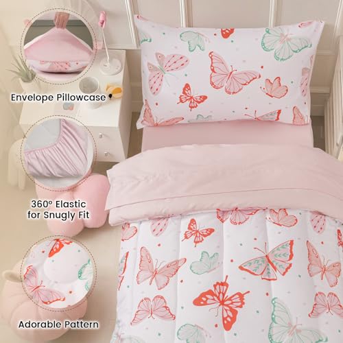 Image of david's kids 4 Piece Toddler Bedding Set - Soft Breathable Toddler Bedding Set for Girls, Includes Quilted Comforter, Flat Sheet, Fitted Sheet and Pillowcase, Butterfly