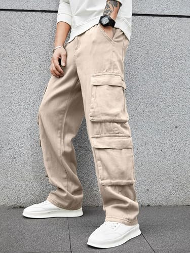 Image of Men's 8 Pocket Cargo Pants | Premium Cotton Twill Baggy Fit Trousers | Stretchable Casual Streetwear Cargos | Mid Rise