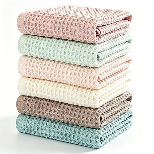 vfaejll Kitchen Towels Set 6 Pack, 100% Cotton Waffle Weave Dish Cloths & Dish Towels, 13x13 Inch Hand Towels for Kitchen, Absorbent Quick-Drying Dish Rags for Washing Dishes, 6 Colors