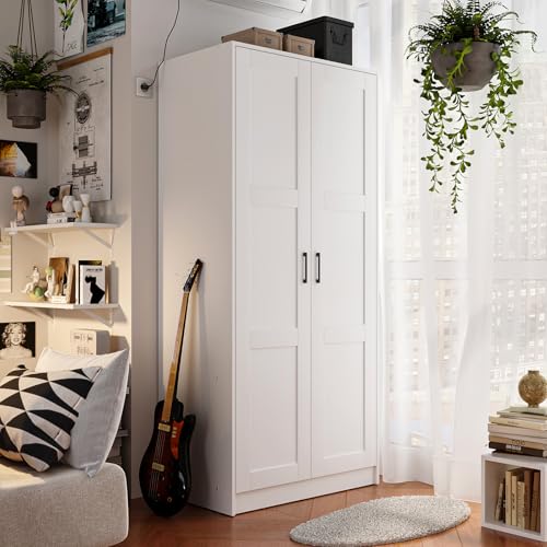 Fddevelop Fenghua Lizhi Wood White Wardrobe Closet with 2 Doors,Bedroom Freestanding Armoire Storage Cabinet with Shelves,Wooden Wardrobe Combination for Hanging Clothes
