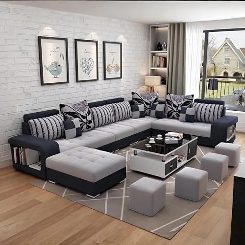Image of Allister 12 Seater Sofa Set for Living Room (Light Grey) | Interchangeable U Shape Sectional Sofa | Solid Wood Frame & High-Density Supersoft Foam | Includes Puffy & Stool | Modern Home Furniture