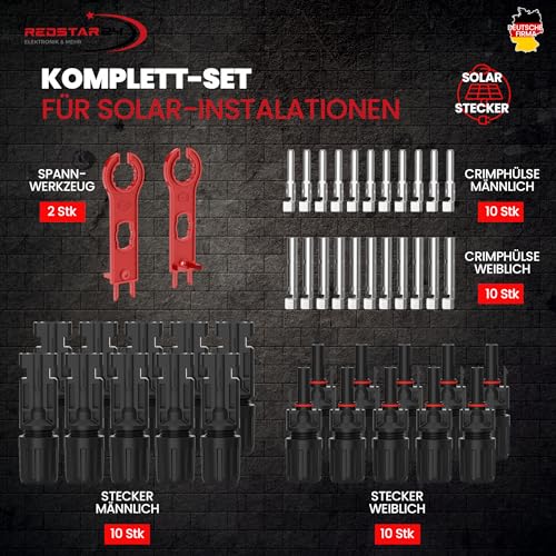 RedStar24 Solarstecker 10 Paar - Steckverbinder Männlich & Weiblich Solarpanel Stecker IP67 Wasserdicht, PV Stecker Kompatibel mit 4mm2 & 6mm2 Solarkabel, Photovoltaik Stecker für Solaranlage