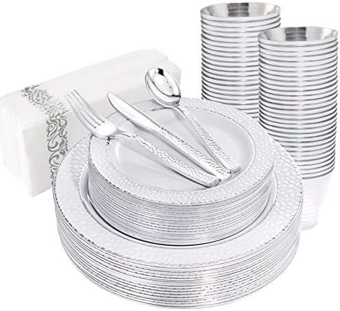 PULOTE 175PCS Silver Plastic Plates & Silver disposable Plates - Include 50 Plates, 25 Knives, 25 Spoons, 25 Forks Disposable Plates Ideal for Wedding, Party, Anniversary